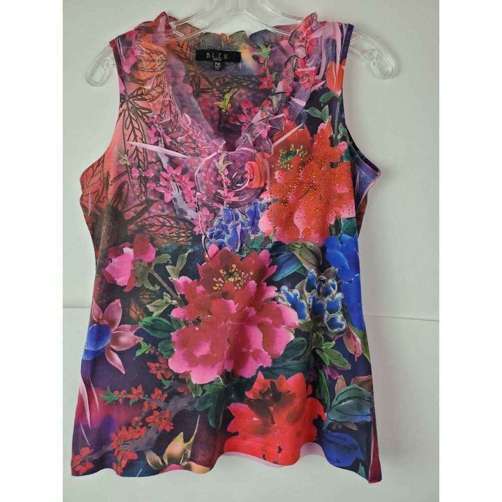 B.L.E.U. Petite Floral Sleeveless Lightweight Top Rhinestone PM GUC